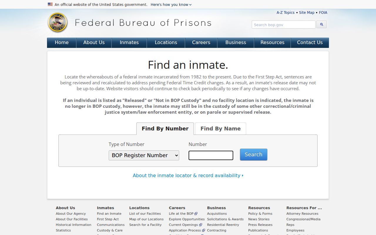 Federal Bureau of Prisons inmate locator search fields