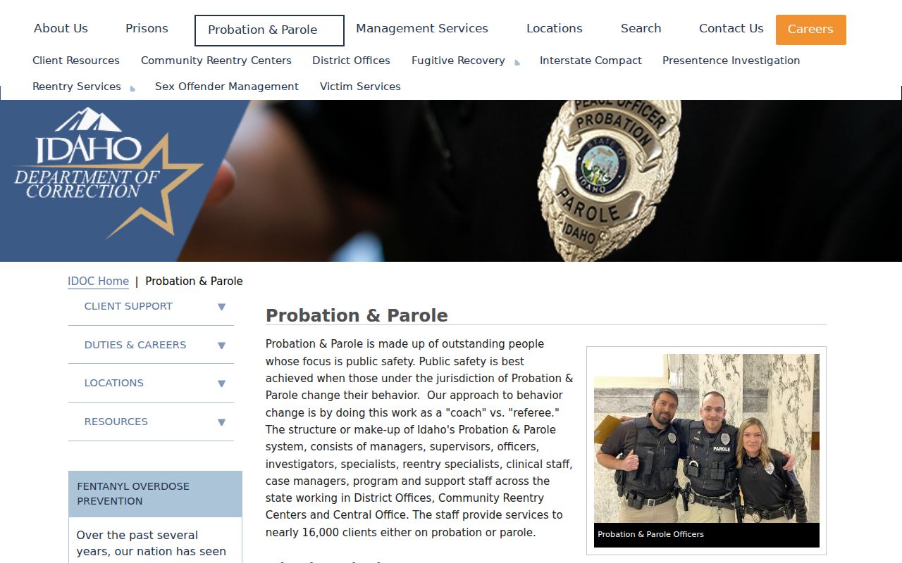 Idaho Department of Correction probation and parole information page