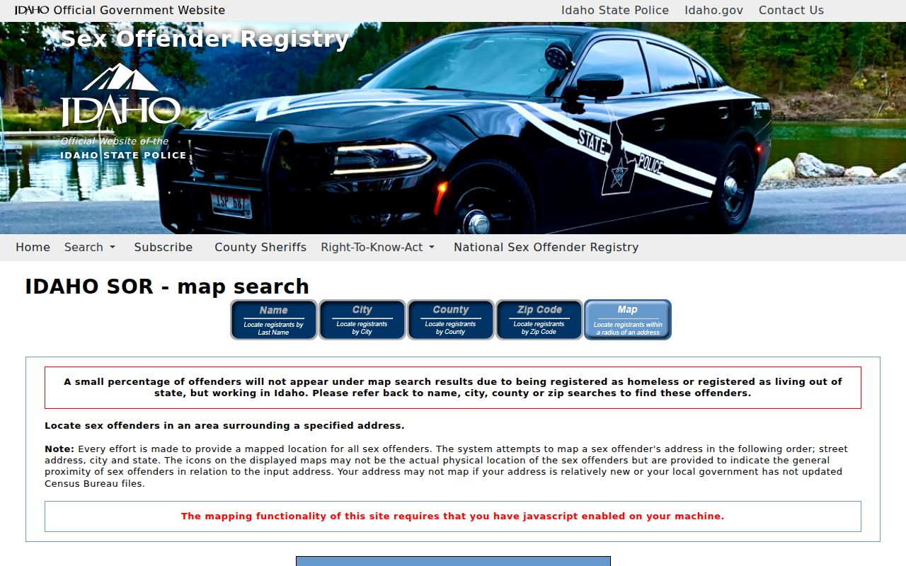 Idaho sex offender registry map search fields for street, city, and distance